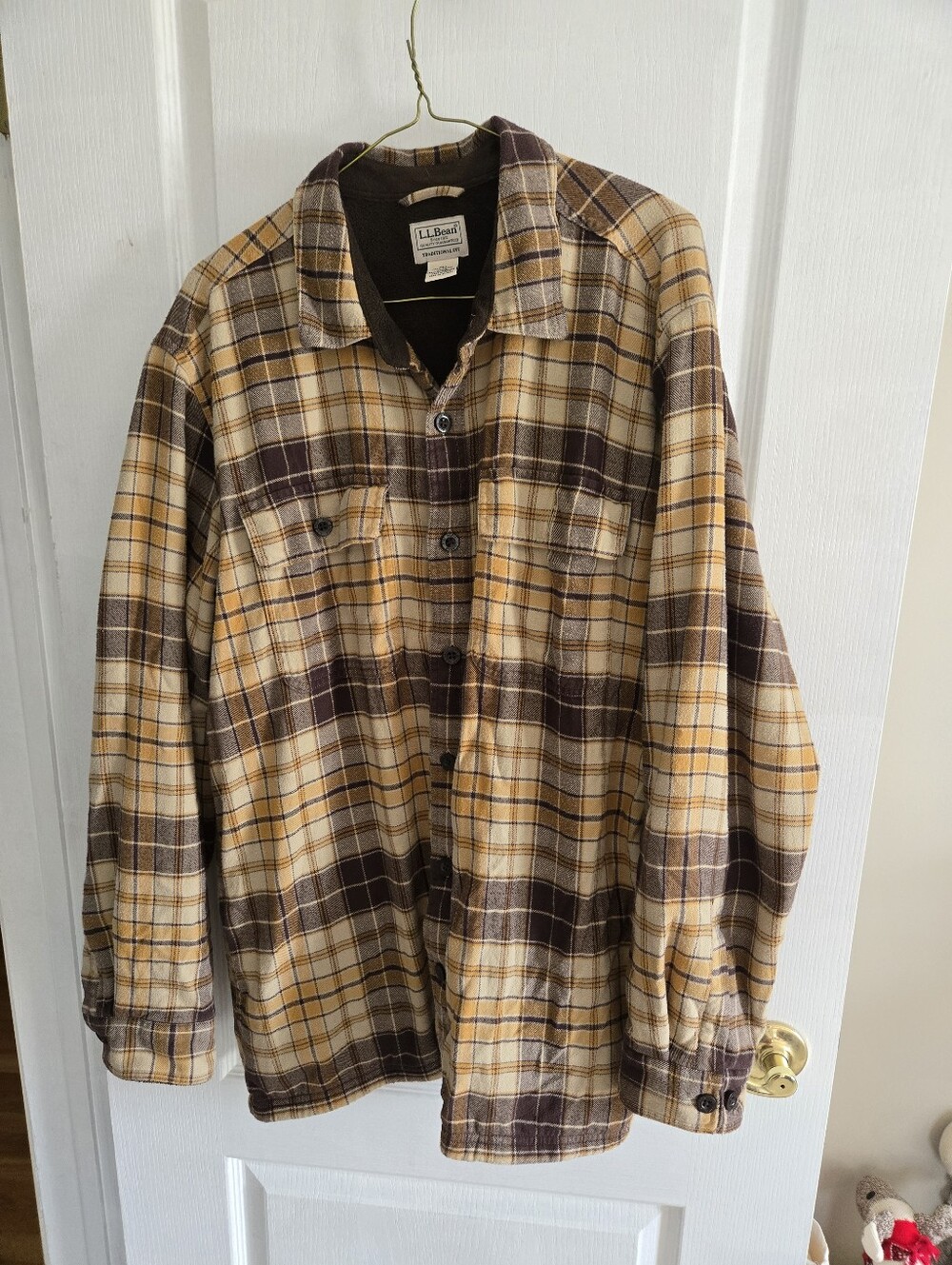 L.L. Bean Heavyweight Flannel Outerwear Mens Size Brown Yellow Gold Lined